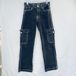 TELEPATÍA Jeans Juniors 7/28 Black Cargo Straight Leg Mid Rise‎ Stretch Denim